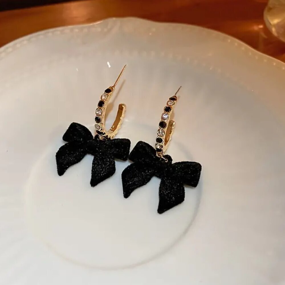 NEW Black velvet bow stud dangle earrings coquette bow jewelry, hoop earrings - Picture 2 of 4